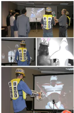 Figure 1: Users see themselves and others, some with augmented suits or hand-held objects.