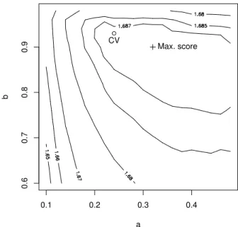 Figure 3: Score for various combinations of a and b. The best (maximum) test score is  in-dicated as a cross, the optimum estimated by cross-validation (CV) is a = 0.24 and b = 0.93, indicated by a circle.