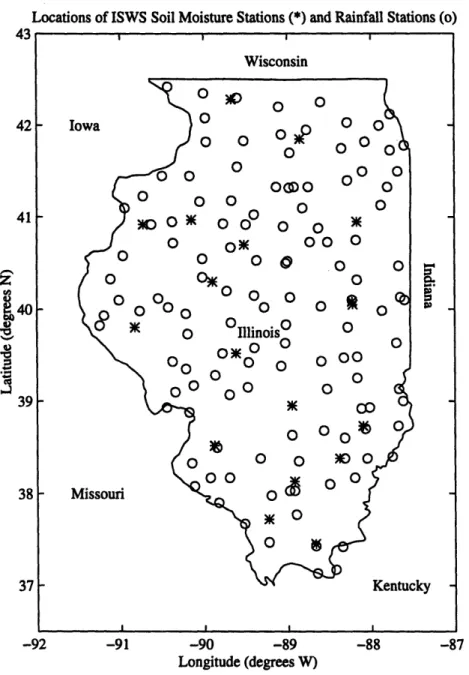 Figure 3.1:  Locations  of Illinois  State Water Survey (ISWS)  soil moisture  stations and rainfall  stations