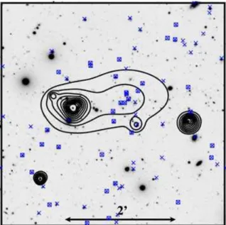Figure 10. Adaptively smoothed 0.5–8 keV X-ray image of the central region of the Cl1054 − 1145 field with the Clowe et al