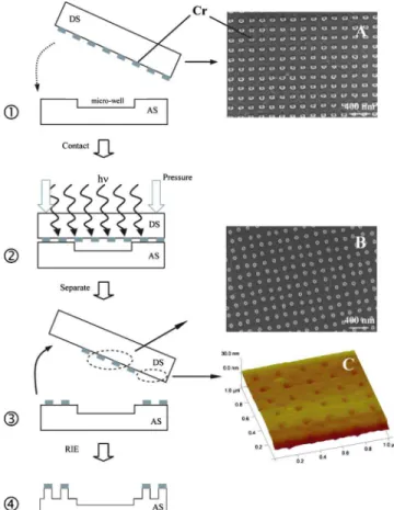 FIG. 1. 共Color online兲 Schematic sequence of the fabrication process of 3D nanostructures by LA-nTP 共DS: donor support, AS: acceptor substrate兲