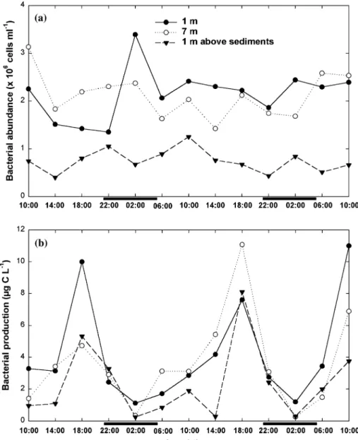 Figure 3. Spatio-temporal variation of (a) bacterial abundance and (b) production in the Sep Reservoir during a 48-h survey, 23–25 July 1997
