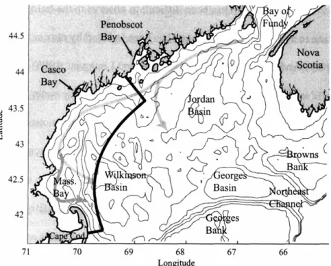 Figure 1: The Gulf of Maine and study region. The study domain is outlined in black.