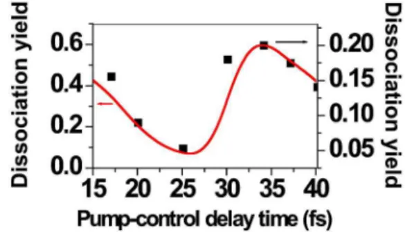 FIG. 4. 共Color online兲 The observed 共squares; right axis兲 relative dissociation yield as a function of the control delay together with the calculated results 共solid line; left axis兲