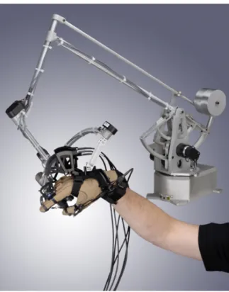 Figure 1-2: The CyberForce consists of a CyberGrasp system (a hand-worn exoskeleton that applies forces to a user’s individual fingers) attached to a robotic armature