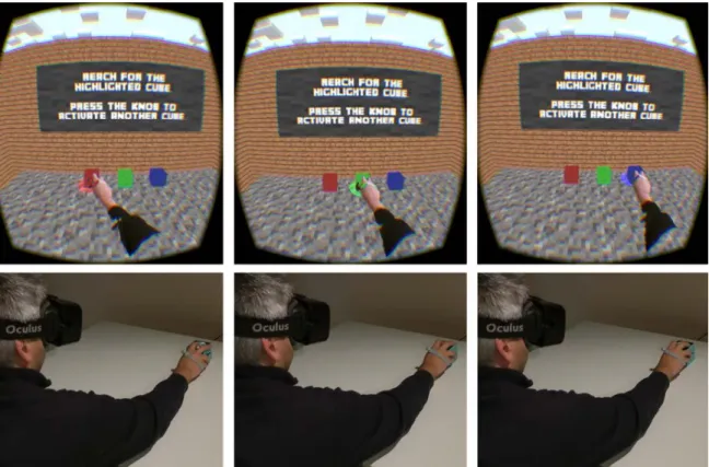 Figure 1-14: Haptic regargeting leverages the dominance of vision when there is conflicting sensory information to provide passive haptic feedback for multiple virtual objects with a single physical prop