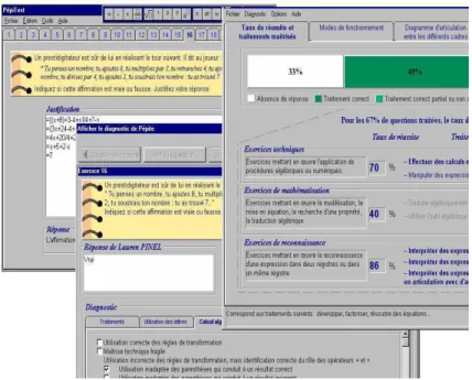 Fig. 3.2 – Pépite : de gauche à droite, les interfaces de PepiTest, PepiDiag et PepiProf