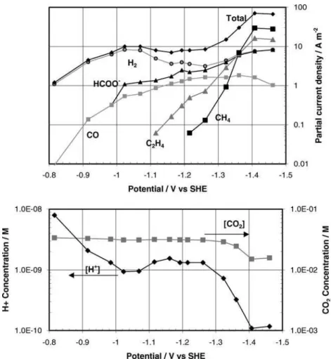 Fig. 8. Estimated local [H + ] and [CO 2 ] values for polarisation measurements (Partial current data from Hori et al