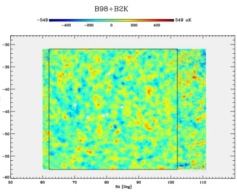 Figure 1. The CMB field as seen in the B2K + B98 map, in the sky cut used for the analysis presented here