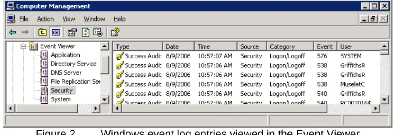 Figure 2.  Windows event log entries viewed in the Event Viewer 