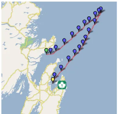 Figure 4: The track is shown with the orange line running from Trinity  Bay  (the  northern  bay)  out  across  the  shelf  and  back  into  Conception  Bay  (to  the  south)
