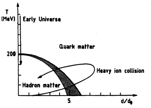 Figure  1-1: Schematic  nuclear  matter  phase  diagram  [Jac89].  The density, d, is given in units of normal  nuclear  matter  density,  do.