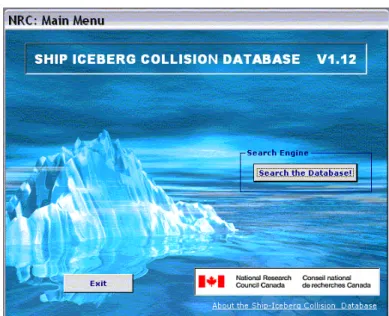 Fig. 1.  Ship Iceberg Collision Database opening screen 