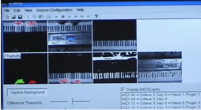 Figure 6. The output of C-MIDI piano playing video annotation program (a snapshot from a video recording of a live annotation).