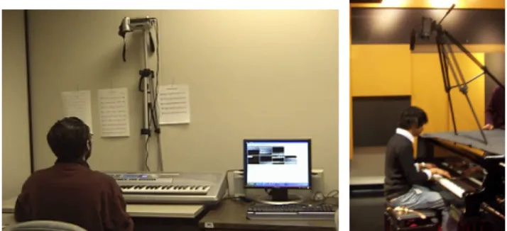 Figure 2. Setup for tracking pianist hands and fingers using a video camera: in home environment with Yamaha MIDI-keyboard (left image) and in a professional piano studio environment with  MIDI-equipped grand piano (right image).