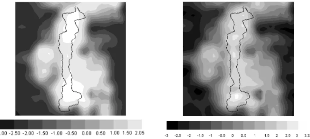 Fig. 8. Left: Distribution of the (ψ 1 ◦ ← ϕ − ) function over the studied area. Note the relatively circular anomaly at the central-left location