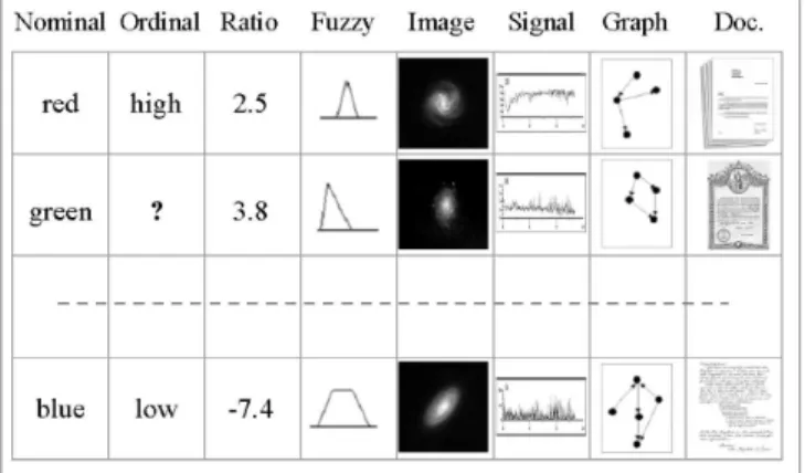 Fig. 1. An example of a heterogeneous database. Nominal, ordinal, ratio, fuzzy, image, signal, graph, and document data are mixed