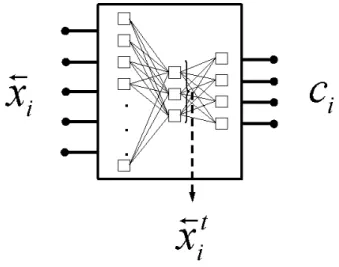 Fig. 2. Feed forward neural network for 2-objective optimization. ~ x i is an input pattern to the network, c i is the network-predicted class membership of the input vector as coded by the output network layer and ~ x t i is the output of the last hidden 