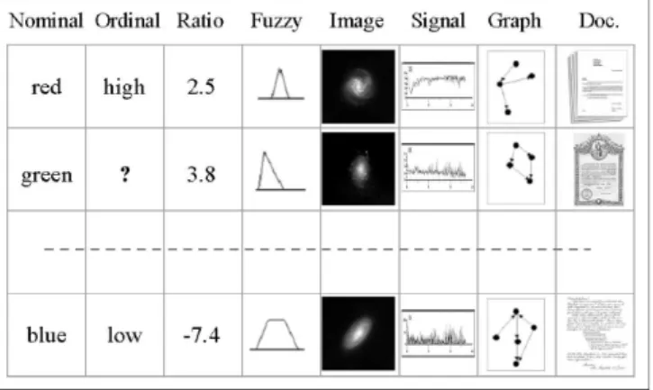 Fig. 1. An example of a heterogeneous database. Nominal, ordinal, ratio, fuzzy, image, signal, graph, and document data are mixed