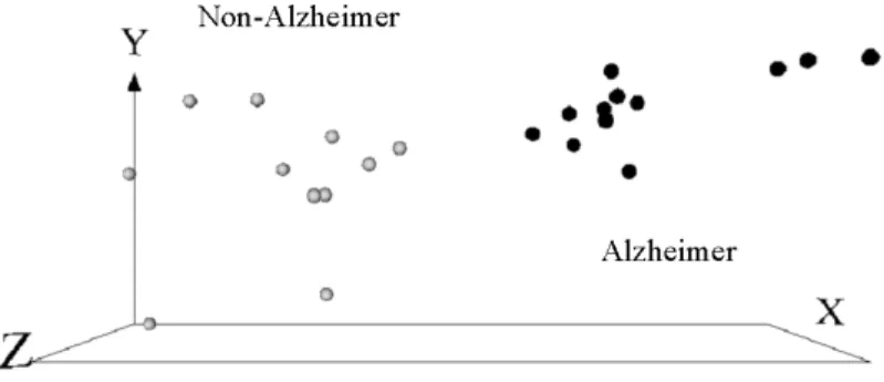 Figure 10. Alzheimer Data (4 best genes): VR space representing the data. The object locations are the result of Particle Swarm Optimization alone (in practical terms the classical methods couldn’t improve the pure PSO result)