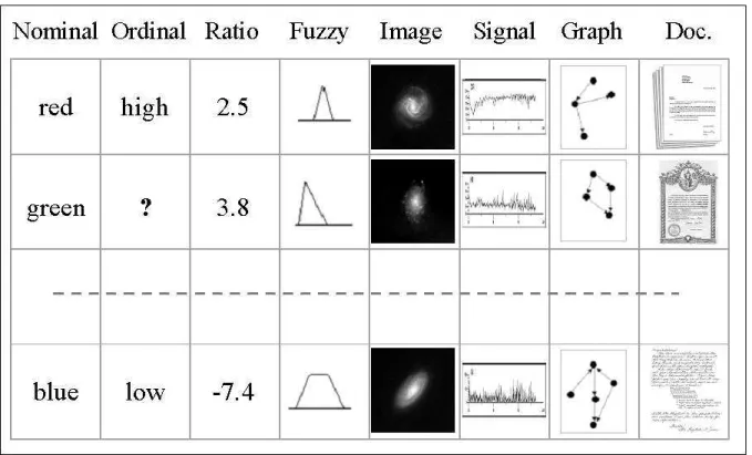 Figure 1. An example of a heterogeneous database. Nominal, ordinal, ratio, fuzzy, image, signal, graph, and document data are mixed