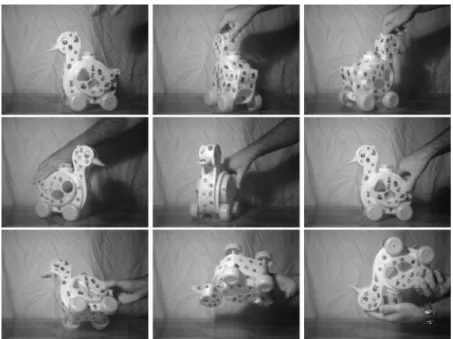 Fig. 6. Some images of the duck sequence recorded by the left camera (frames 1, 11, 17, 24, 32, 40, 49, 59, and 64).