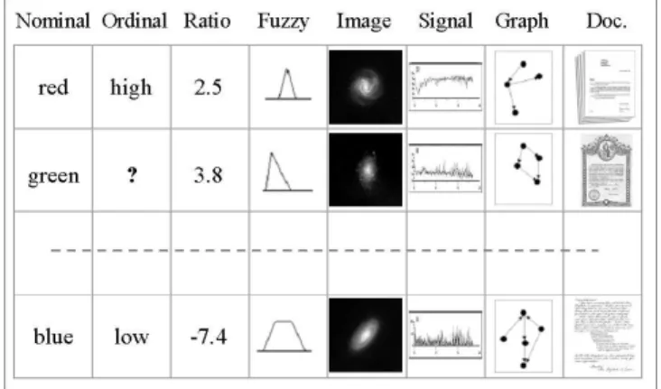 Figure 1: An example of a heterogeneous database. Nominal, ordinal, ratio, fuzzy, image, signal, graph, and document data are mixed