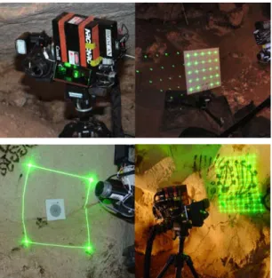 Figure 3:  Photographs showing the 3D laser scanner,  calibration and resolution objects used to constantly verify  and track cameras performance, virtual calibration grid  for 2D camera