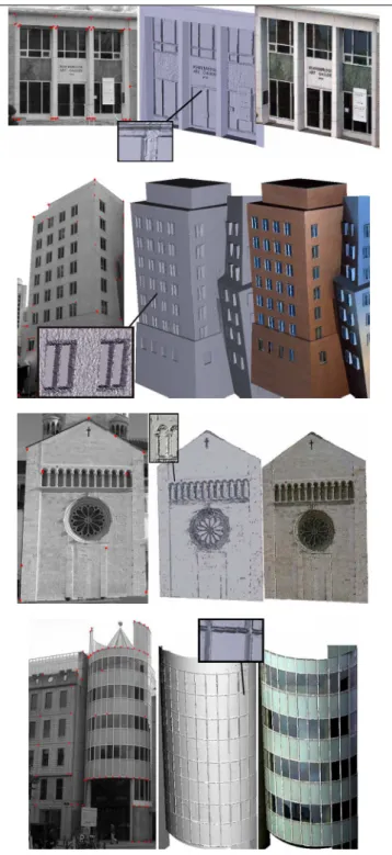 Figure 6: Bricks and woods example, stereo images with seed  points (top) basic model (middle), and detailed model (bottom)
