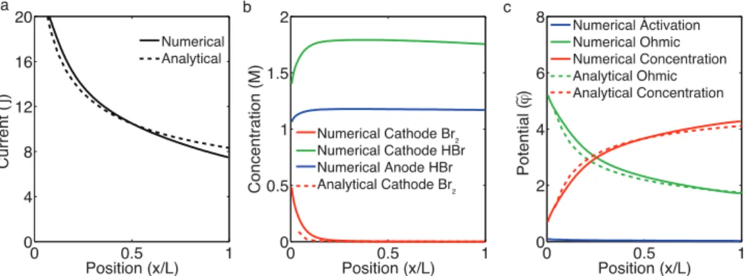 Figure 3. (a) Local dimensionless current density, (b) dimensionless concentrations of bromine and hydrobromic acid, and (c) dimensionless activation, ohmic, and concentration polarization losses along the length of the channel of the HBLFB for conditions 