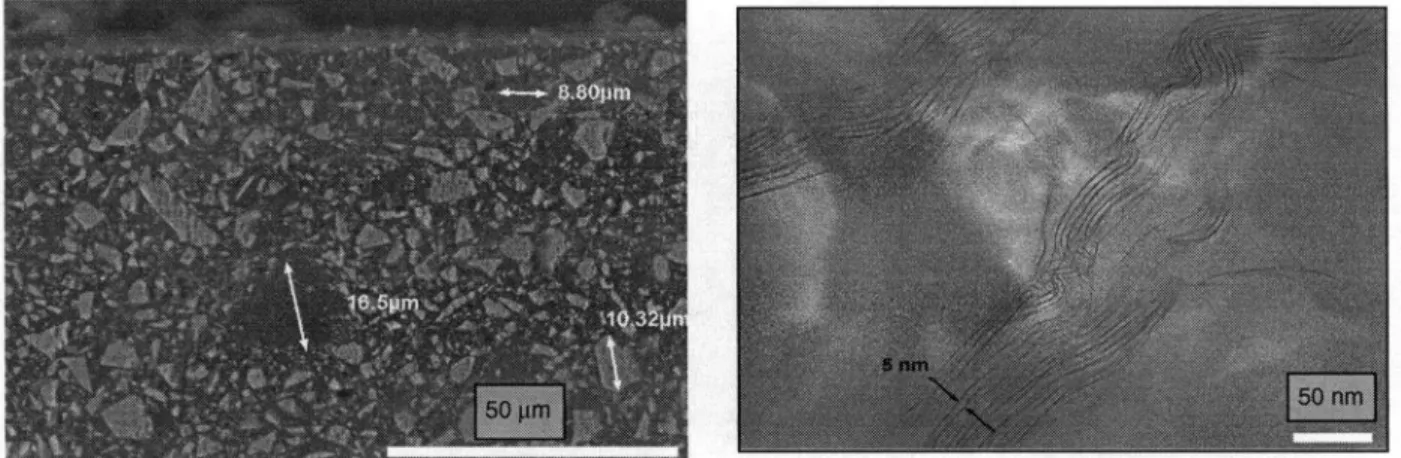 Figure 7c: TEM micrograph of the epoxy containing nanoclay showing the well dispersed platelets of alumino-silicates.