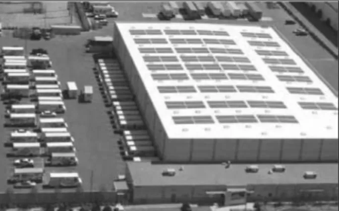 Figure 6. Integrated solar electric roofing system (flexible photovoltaic modules laminated on thermoplastic membrane) on Frito-Lay Distribution Facility, Los Angeles, California  (Photo courtesy of Sarnafil Inc.)