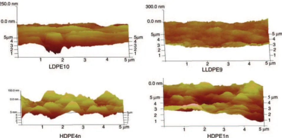Figure 4. 3D surface plot analysis of AFM height images of blown films.