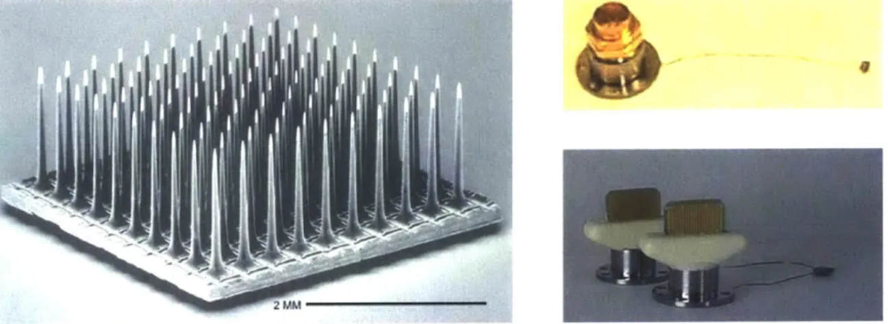 Figure 2-4.  Image  of the &#34;Utah Array&#34; (left)  and  connection  options  for an  11-electrode  assembly (upper right) and a  74-electrode  assembly  (lower  right) manufactured for  use in chronic  recording.