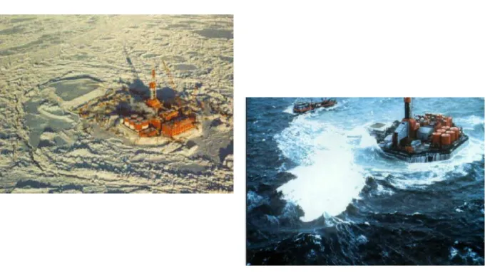 Figure 4.11:  Views of the Tarsuit CRI and its relief well pad in landfast ice conditions in winter  (upper) and in storm wave conditions during the open water season (lower)