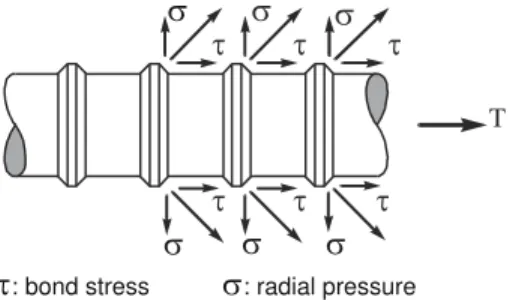 Figure 1. Forces on concrete induced by the anchorage of deformed bars. 