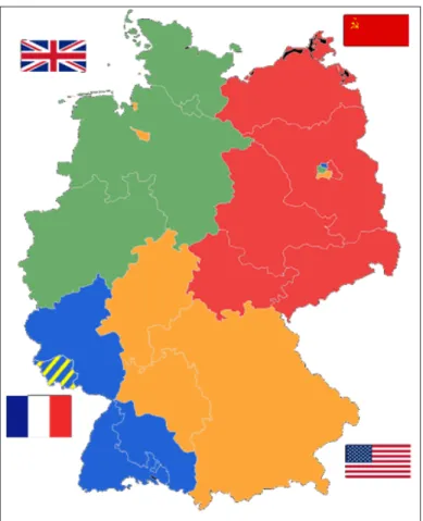 Figure 3: Division of Germany after World War II into GDR (red) and  West Germany (blue, green, and yellow)