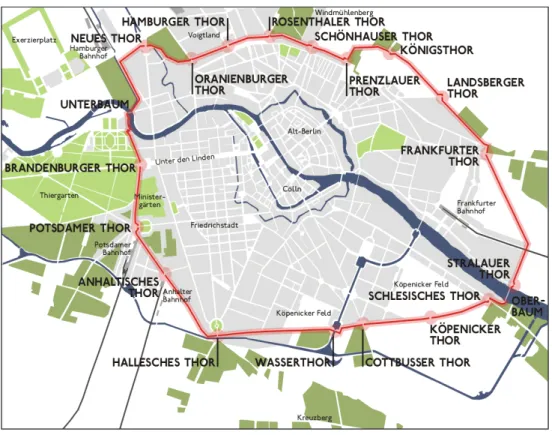 Figure 7: The Brandenburg Gate as one of the 18 gates of the Berlin  Customs Wall (Brandenburger Thor)