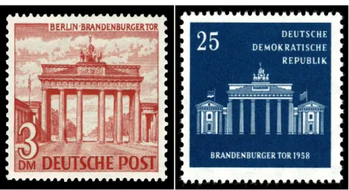 Figure 28: Postage stamps from the GDR (right) and FGR (left) after the restoration of the  Brandenburg Gate