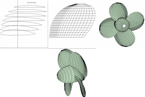 Figure 1: Sectional shape panel layout of the ice class propeller in expanded plan and the rear and side  views of this propeller