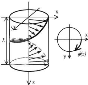 Figure  3-1  -  Conceptual representation of the  structural rotation throughout the  unit  cell  of a  1D  chiral  photonic crystal showing the periodic, right-handed  (RH)  continuous twist along the z axis of an arbitrary  vector with fixed orientation 