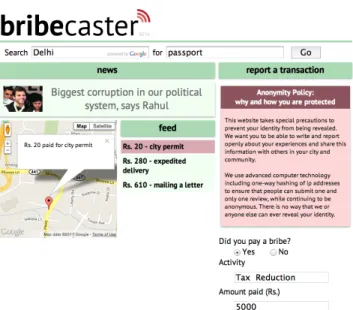 Figure 1: The frontpage of the Bribecaster web app shows a  feed of new bribes, our anonymity policy, and a streamlined 