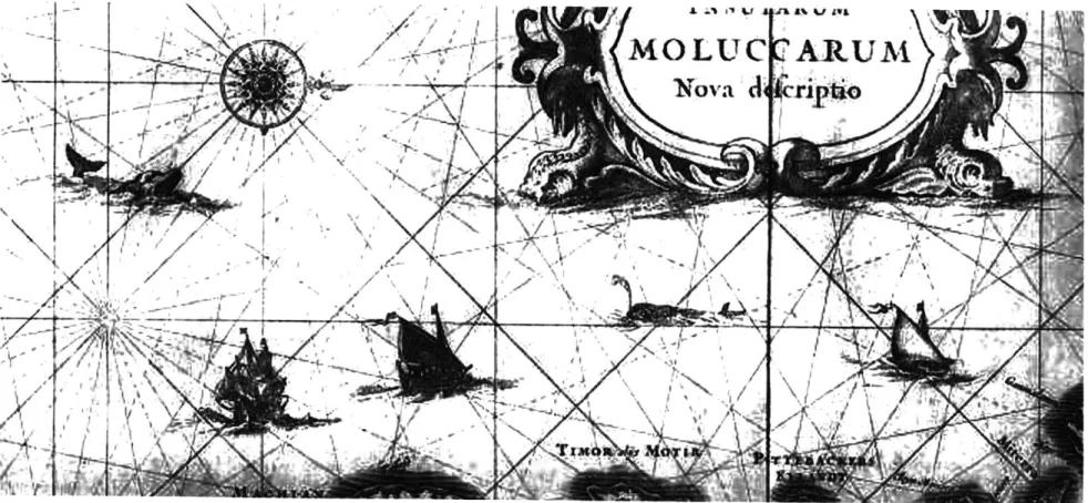 Fig. 5.  Partial view of a large  17th  Century  map of the Mollucas, in Latin.
