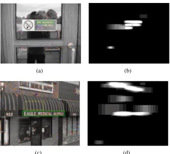 Fig. 3. Examples of detection results in ICDAR and SVT datasets. (a) Grayscale original image from the ICDAR dataset, with detected junctions overlayed