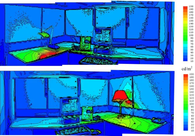 Fig. 6.  False-colour luminance map for workstations with angle-arm task and luminous shade  task lights, ambient lighting at 50% of full output, task lighting at 50% of full output