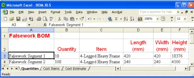 Figure 3: Automatically Generated Bill of Material for an Example Falsework System 