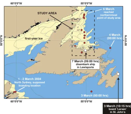 Figure 5  Study area along the Northeast Coast of Newfoundland, 3 to 7 March 2004 