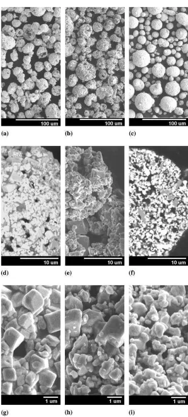 Fig. 1 Micrographs of the WC-12Co feedstock powders showing the external and internal structure of agglomerates for powder C-1 (a), (d), and (g), powder C-2 (b), (e), and (h), and powder M-5 (c), (f), and (i)