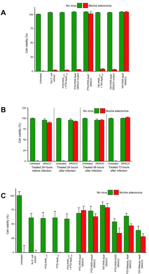 Figure 6. DRACOs were effective against murine adenovirus in L929 cells. (A) 100 nM DRACOs were effective against 50 pfu/well murine adenovirus, whereas all negative controls were not (16 dpi)