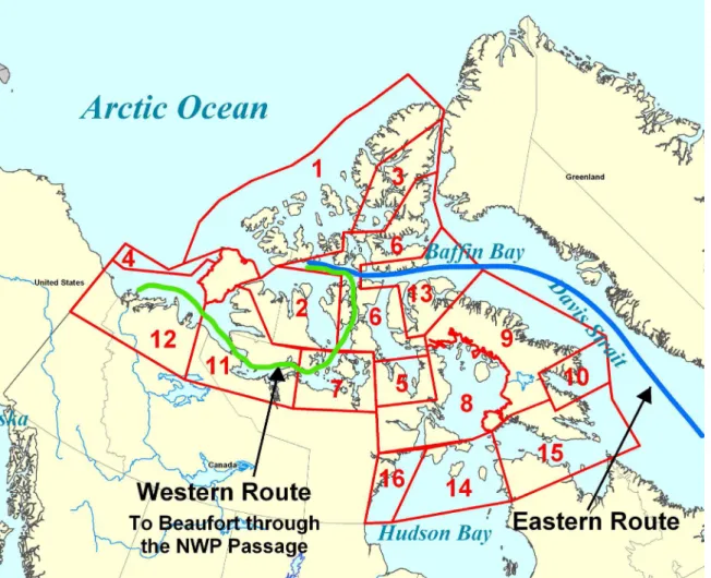 Figure 2: Map showing the regions of the Zones in the Zone-Date System.  ....][][++=C a x IM a C b x IM bIN    [1]  where   IN = Ice Numeral 